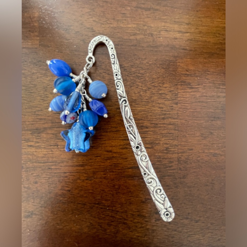 Handmade Blue Bead Grape Bookmark with Silver Tone Hook - ideal Gift